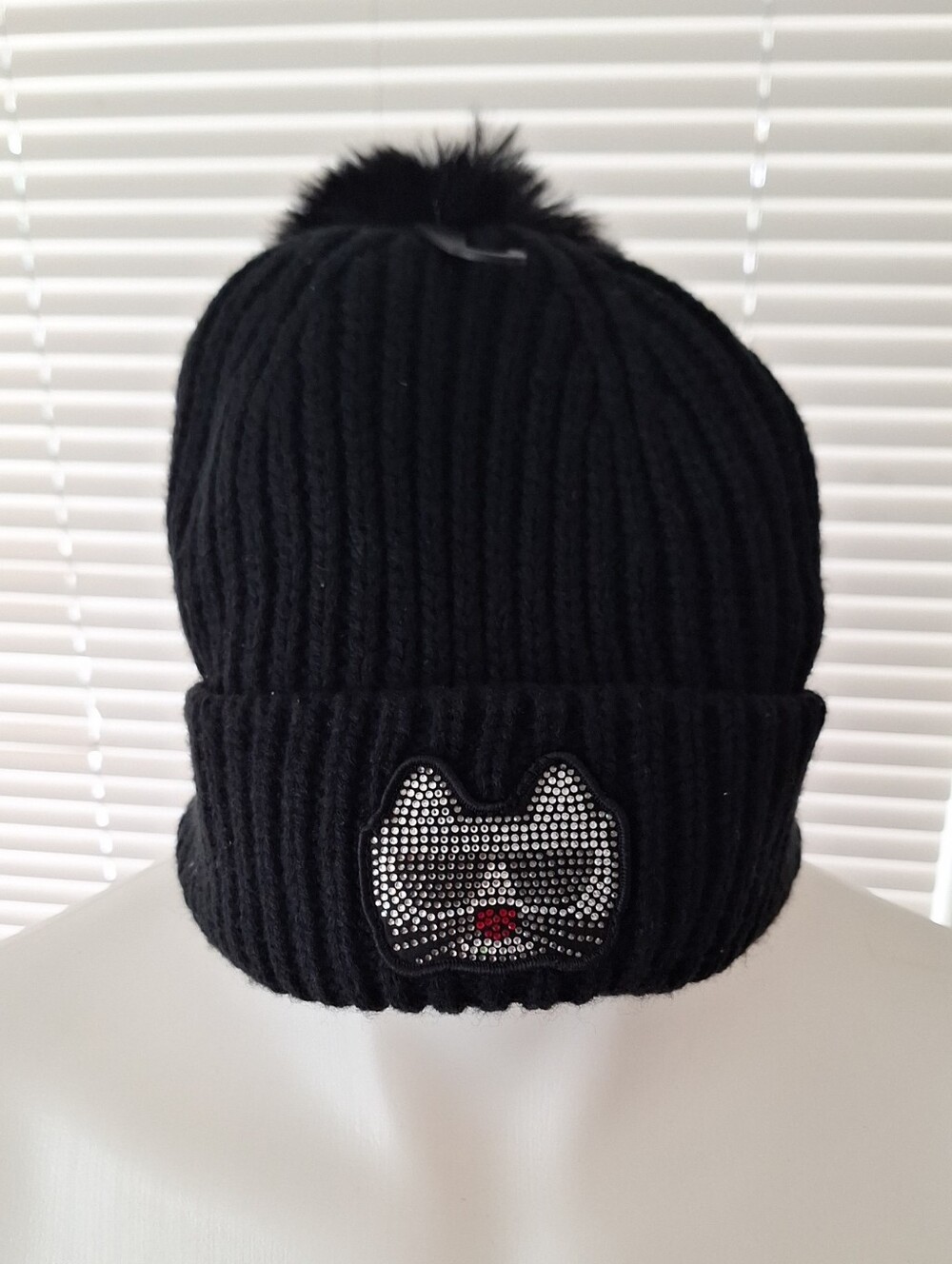 Black Knit Pom Beanie with Cat Rhinestone Patch